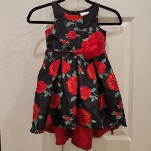 Girls special occasion black & red rose Christmas hi-low dress Valentines